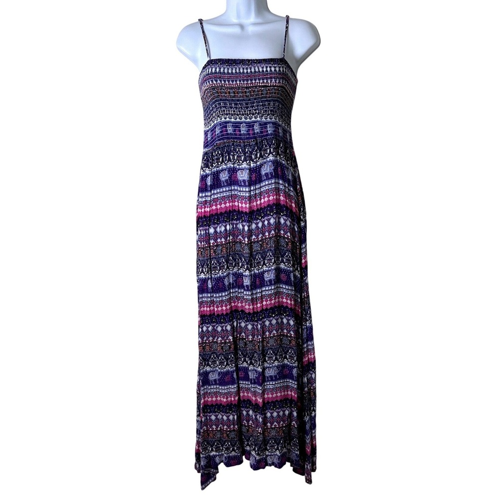 Wallflower Womens Elephant Print Smocked Maxi Dress Size M Purple Boho Festival